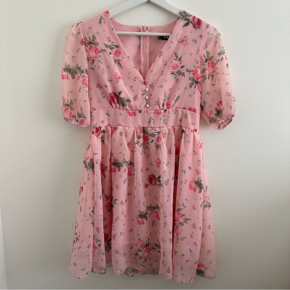 Pink Chiffon Floral V-Neck Dress with Puff Sleeves